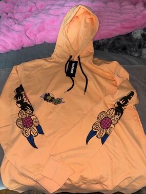 Peach Graphic Hoodie - Floral Sleeve Design